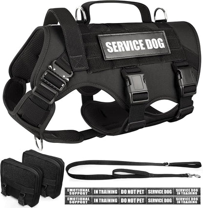 Tactical Dog Harness with Dog Leash, Service Working MOLLE Vest with 10 Pet Patches for Medium Dog, No Pull Military Harness and Backpack for Training Hunting Walking