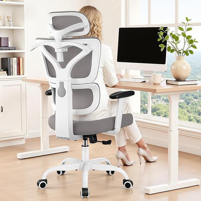 Ergonomic Office Chair High Back Desk Chair with Lumbar Support, Breathable Mesh Computer Chair with Adjustable Armrests Height, Reclining Swivel Big and Tall Gaming Chair for Home Office(Gray)