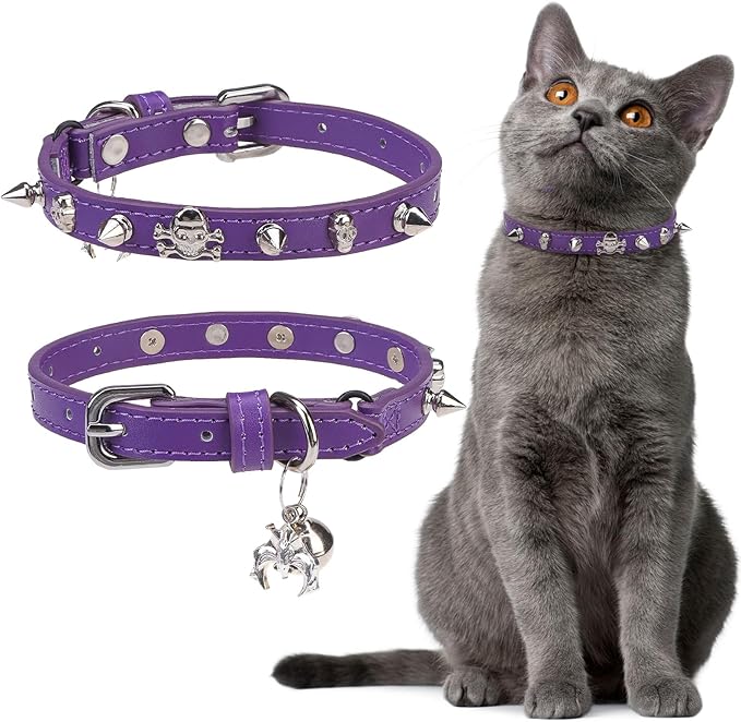 EXPAWLORER Leather Cat Collar for Girl Boy- Adjustable Pet Collar with Safety Elastic Belt,Personalized Punk Accessories Buckle Collars with Bell & Durable D-Ring,Rivet(Purple)