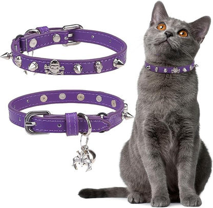 EXPAWLORER Leather Cat Collar for Girl Boy- Adjustable Pet Collar with Safety Elastic Belt,Personalized Punk Accessories Buckle Collars with Bell & Durable D-Ring,Rivet(Purple)