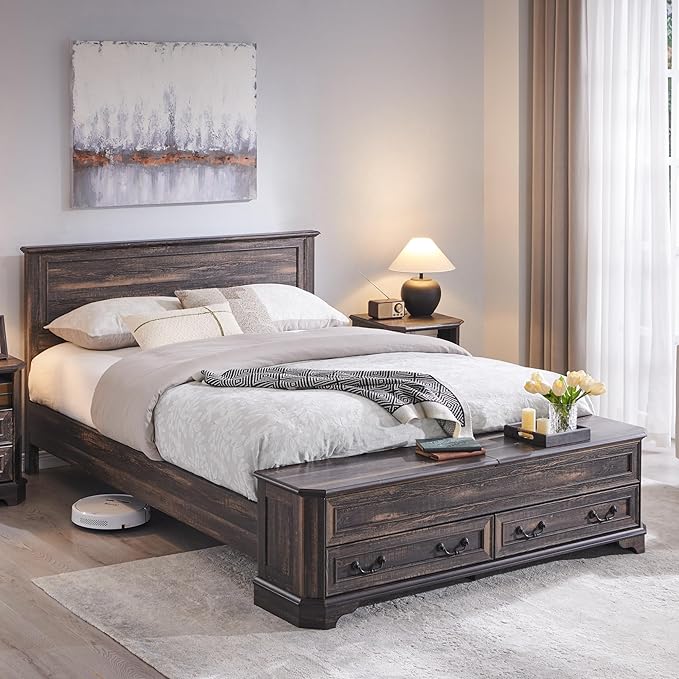 T4TREAM Farmhouse Queen Bed with Headboard and Storage Bench, Rustic Wood Platform Bed with 64" Storage Chest w/ 4 Large Drawer, Dark Rustic Oak