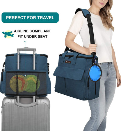 Modoker Dog Travel Bag, Weekend Pet Travel Set for Dog and Cat, Airline Approved Tote Organizer with Multi-Function Pockets, 2 Food Storage Containers, 2 Collapsible Bowls, 1 Feeding Mat (Blue)