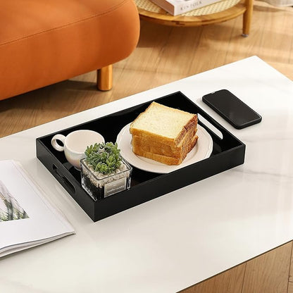 Glossy Black Sturdy Acrylic Serving Tray with Handles-12x20Inch-Serving Coffee,Appetizer,Breakfast,Butler-Kitchen Countertop Tray-Makeup Drawer Organizer-Vanity Table,Ottoman Tray-Decorative