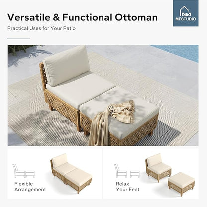 MFSTUDIO Wicker Patio Furniture Set, Rattan Outdoor Couch Sectional Sofa, 5 Pieces Patio Conversation Set with Acacia Wood Coffee Table, Outdoor Rattan Furniture Set for Garden or Balcony, Beige