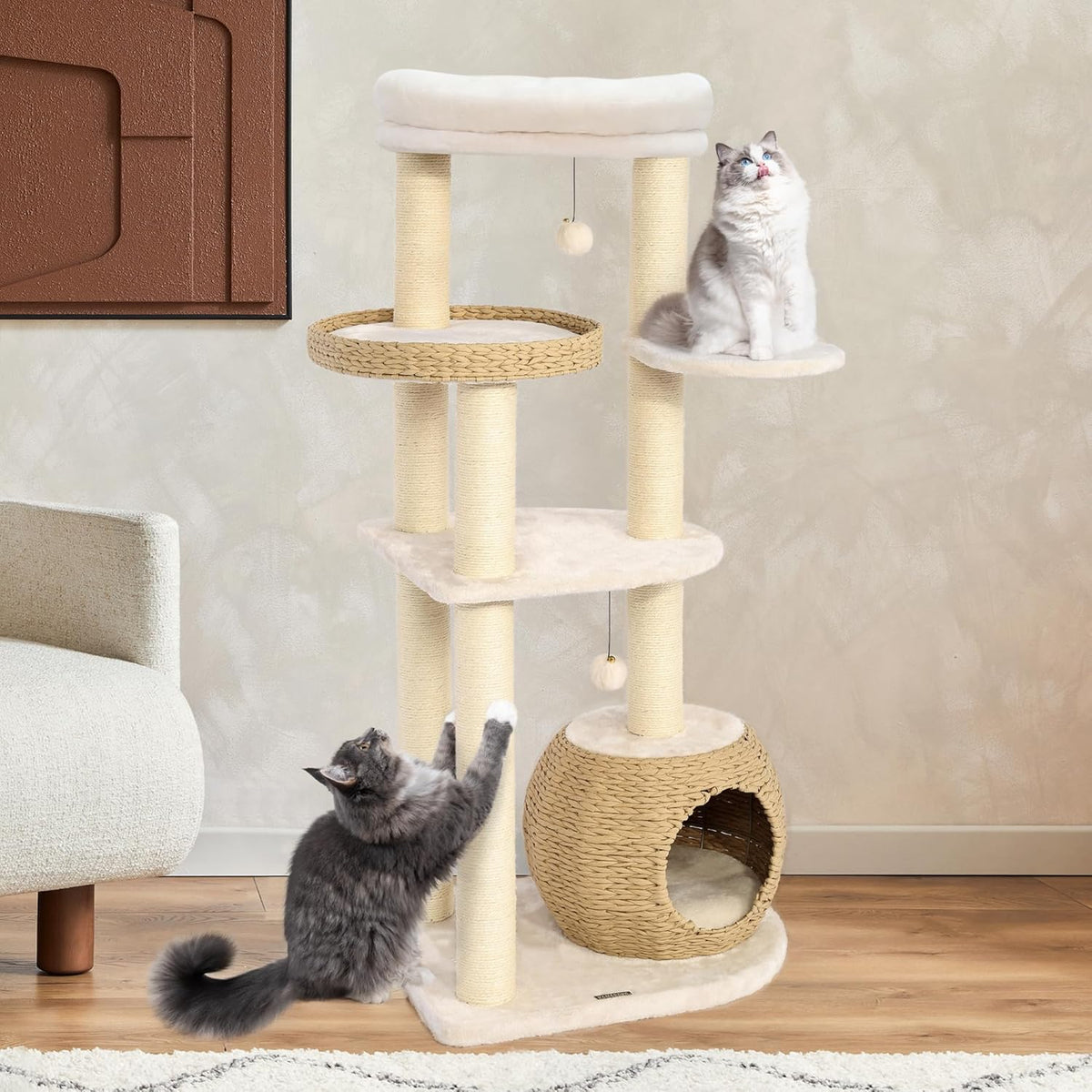 KAMABOKO Modern Cat Tree, 53" Tall Cat Trees for Indoor Cats, Cat Condo Natural Sisal with Scratching Posts, Hand-Woven Tower & Top Perch, Cat-Tree for Kittens Climb Play & Rest