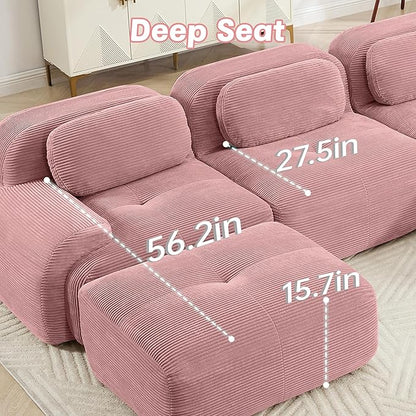152" Modern Corduroy Cloud Sofa with Ottoman, L Shaped Boneless Modular Large Sectional Couches for Living Room, Pink 4 Seater Compressed Memory Foam Couch, Extra Deep Seat, No Assembly