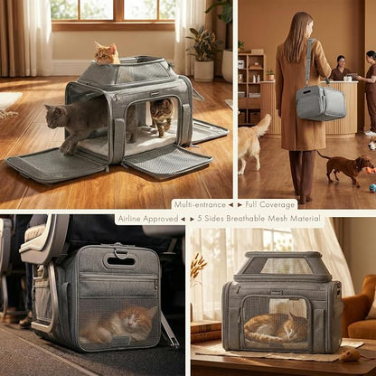 Top-Expandable Pet Carrier with Treat Pet Window,17x11x9.5 Airline Approved | for Alaska Hawaiian,Soft-Sided Dog Carrier, Anti-Scratch Mesh, Lockable Zippers,Cat Carrier for Kitten,Rabbit,Puppy,Grey