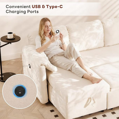 Tbfit 109'' Pull Out Sofa, Sleeper Sofa Bed with USB & 2 Storage Chaises, Comfy Oersized U Shaped Convertible Sectional Sleeper Couches for Living Room, Apartment, Office, Beige