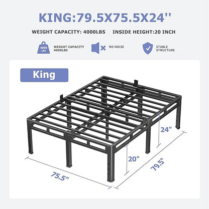 NKZ 24 Inch King Size Bed Frame, Metal Bed Frame & Box Spring 2 in 1 Platform with Round Corner Legs, 4000Lbs Heavy Duty Metal Frame, Mattress Slide Stopper, Headboard Hole, Noise-Free, Easy Assembly