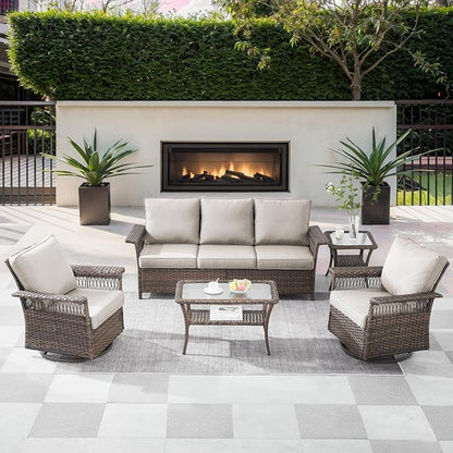 5 Pieces Wicker Patio Furniture Set - Hollow Widen Armrests Outdoor Swivel Glider Chairs and 3 Seat Sofa with Coffee Table & Side Table for Balcony Porch Deck and Yard - Brown/Beige