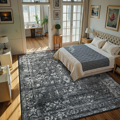 Lahome Area Rugs 9x12 Living Room Soft Large Rugs for Bedroom, Boho Black Dining Room Rug, Distressed Non Slip Low Pile Carpet for Indoor Home Office(9'x12', Black/Grey)