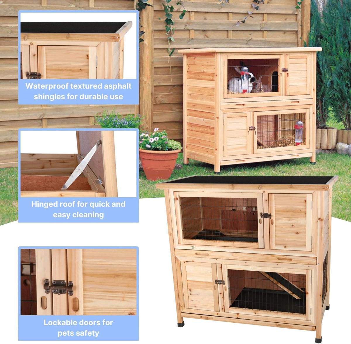 Trixie 2-Story Rabbit Hutch with Retreat Area, Non-Slip Ramp, Hinged Roof with Locking Arm, 4 Doors, 2 Metal Slide Latches, and Pull-Out Trays for Easy Cleaning