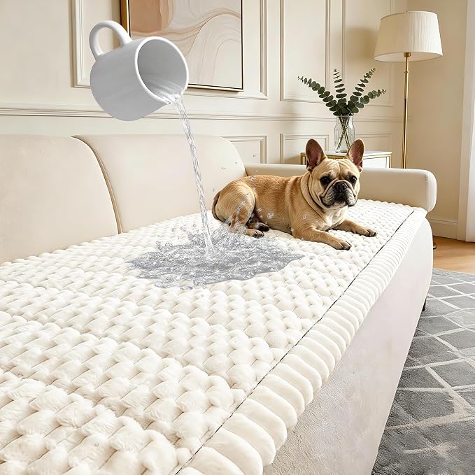 Waterproof Couch Cover for Dogs Washable,Nonslip Fuzzy Durable Pet Friendly | Soft Slipcovers for 3 Cushion Sofa Cover,Plush Thick Protector Fits Mat Bed Leather & Fabric Couches (Beige 27.6"x59.06")