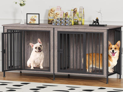 EasyCom 63" Dog Cage Furniture for 2 Pets with Divider, XL Wooden Double Dog Crate Furniture TV Stand for Mideum Breed, Durable and Sturdy