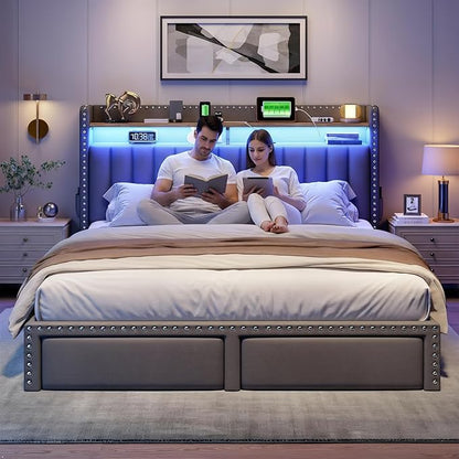 EnHomee Full Size Bed Frame with 2-Tier Storage Headboard & Charging Station, LED Platform Bed Frame with 2 Storage Drawers, Sturdy Wooden Slats Support, Noise-Free, No Box Spring Needed, Grey