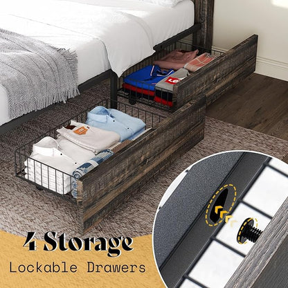 AMERLIFE Queen Size Farmhouse Bed Frame with 4 Drawers, Wooden Storage Bed Frame with Headboard and Heavy Duty Metal Slats, Noisy Free, Easy Assemble, Rustic Black