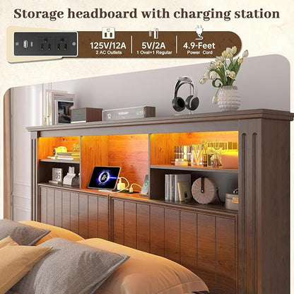 EnHomee King Size Bed Frame with 4 Storage Drawers, King Bed Frame and Headboard with LED Lights & Charging Ports,No Box Spring Needed,NO Noise,Wooden,Brown