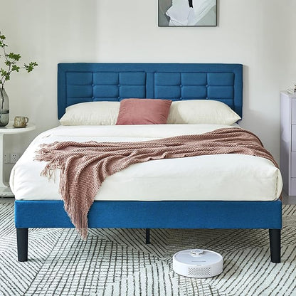 VECELO Full Size Bed Frame with Adjustable Headboard, Upholstered Button Tufted Platform Bedframe with Wood Slats Support, No Box Spring Needed, Aegean Blue
