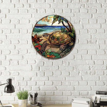 Lygond Metal Sign Tin Sign Circular Stained Glass Turtle Decor Outdoor for Yard 8×8 Inches