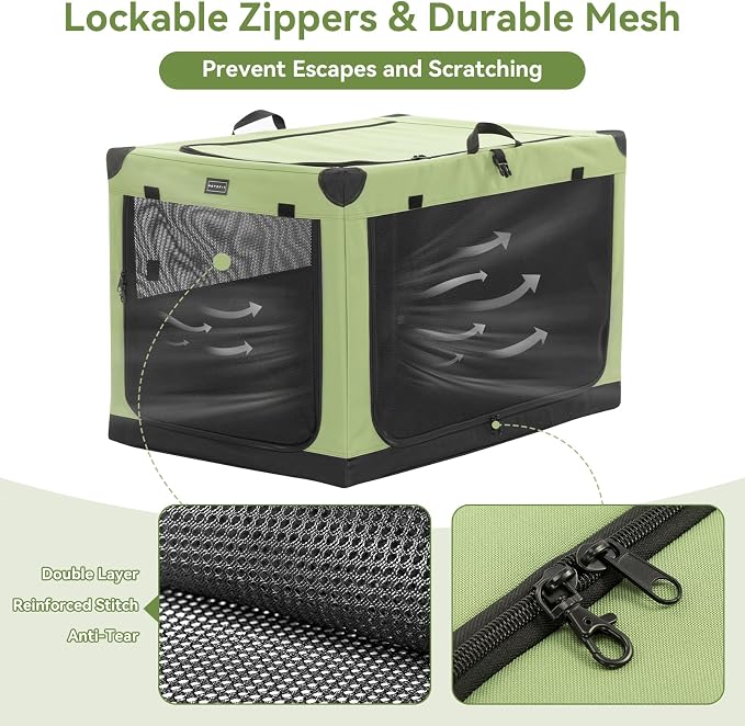 PETSFIT 30" Soft Portable Dog Crate – Patented Spiral Sturdy Frame, Collapsible Travel Kennel for Medium Dogs, 3 Mesh Door, Lockable Zippers, Indoor & Car Use Green