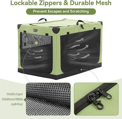 PETSFIT 26" Soft Portable Dog Crate – Patented Spiral Sturdy Frame, Collapsible Travel Kennel for Small Dogs, 3 Mesh Door, Lockable Zippers, Indoor & Car Use Green