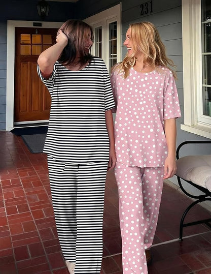 Ekouaer 2 Pack Womens Pajama Sets Short Sleeve Tops and Long Pants Casual Comfy Pjs Lounge Set with Pockets,S-XXL