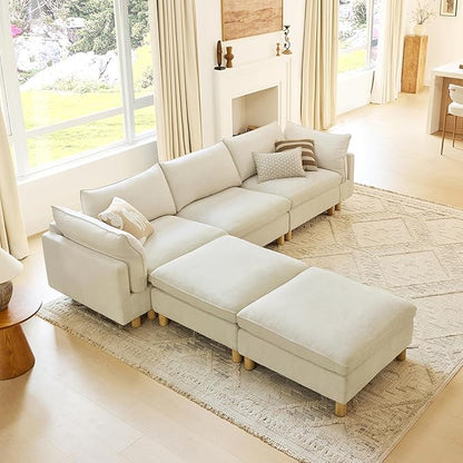 CHITA 127" Super Large Sectional Couches for Living Room, Modular Cloud Couch Sectional Sofa, Premium Fabric Couches, Down Filled, High Density Foam, Chenille in Cream, 5 Seat U Shaped
