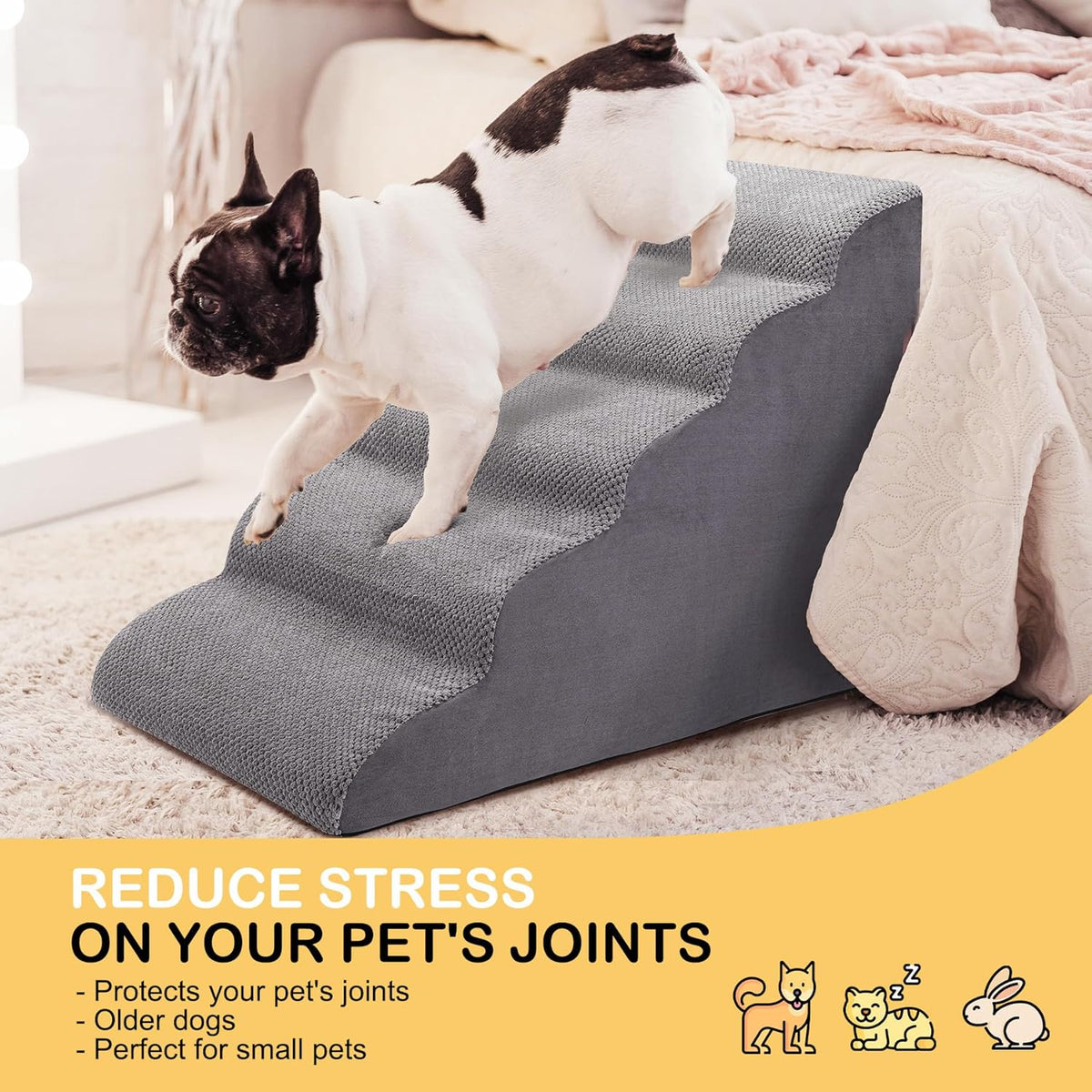 Dog Stairs for Bed and Couch, Non-Slip 5-Step Pet Stairs, 24" High Sofa Foam Dog Ramp - Best for Small Pets, Dogs and Cats with Joint Pain