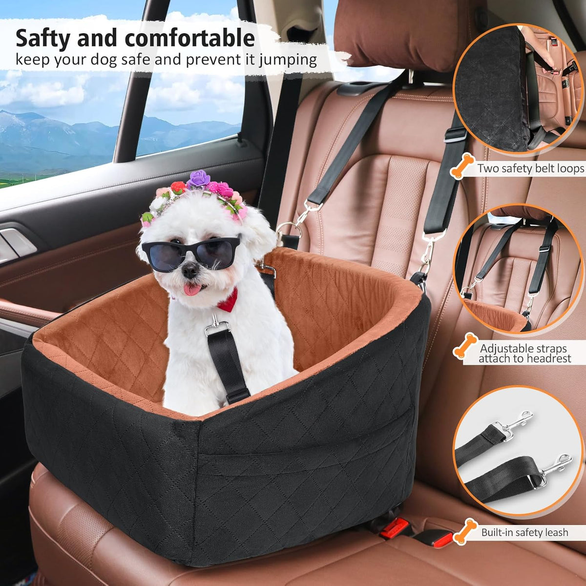 Dog Car Seat for Small Medium Dogs,Detachable Washable Dog Booster Seat Under 30lbs, Pet Car Seats Travel Bed with Storage Pockets and Safety Belt(Black/Z)