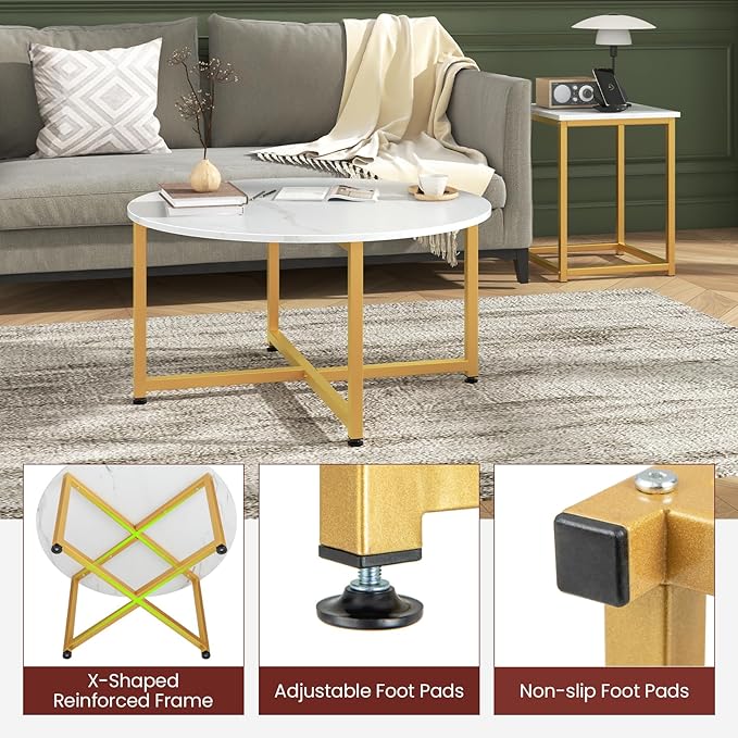 Giantex Round Nesting Table Set of 3, Modern Faux Marble Coffee Table w/2 End Tables, Sturdy Metal Frame, 3-Piece Wooden Living Room Table Set for Home Office, Apartment (White & Gold)