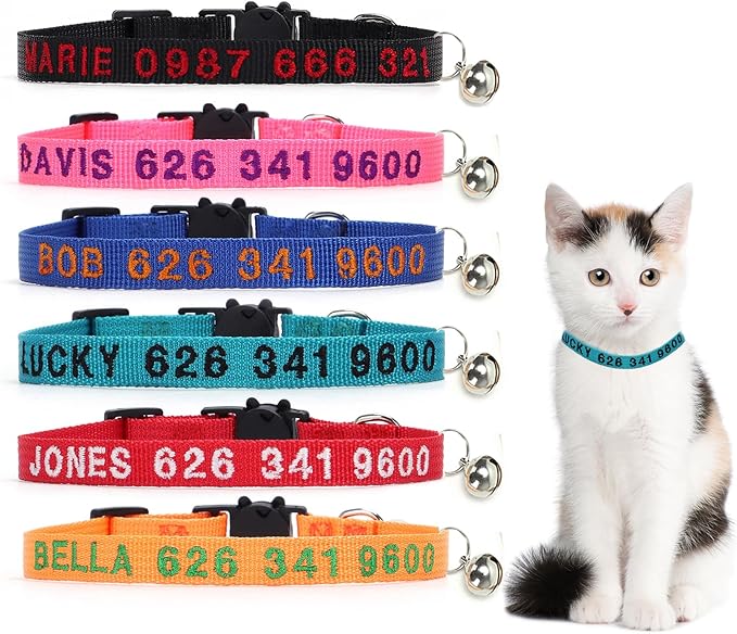Personalized Cat Collars, Embroidered with Pet Name and Phone Number, Adjustable Nylon Breakaway Safety Release Buckle ID Collar,Custom Text with Bell for Cat or Kitten,Red