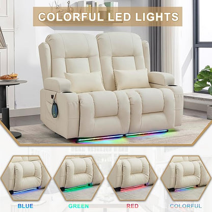URRED Loveseat Recliner Sofa with Massage and Heat, Power Reclining Loveseat Sofa RV Couch Home Theater Seating with LED Lights, Cup Holders, Side Pockets, USB, Pillows, Faux Leather, Ivory