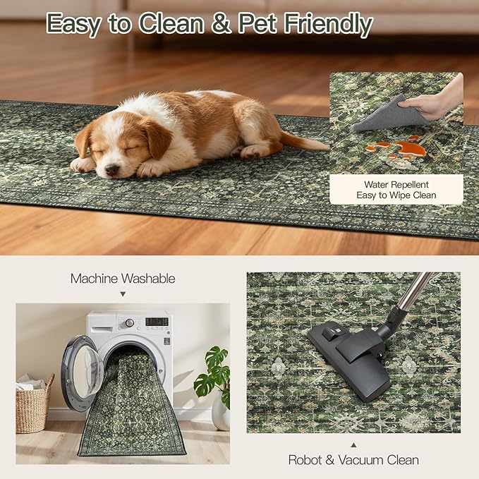 Lofus 2X 6 Runner Rug for Hallways,Green Washable Runner Rugs with Non Slip Rubber Backing, Low Pile Soft Carpet Runner for Kitchen Bathroom Bedroom Laundry