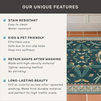 Insect Blue Green Living Room Rug 5x8 - Washable Area Rug for Bedroom, Dining Room, Kids Playroom, Home Office, Boho Butterfly Non Slip Stan Resistant