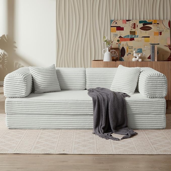Boneless Couch Sofa Bed Sectional Couches for Living Room,Futon Cloud Couch with Sleeper Sofa,Sofas for Living Room Oversized Corduroy Upholstered (Light Grey)