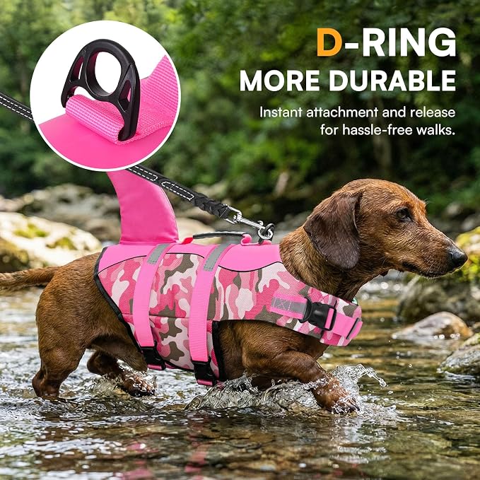 Dog Life Jacket Ripstop Dog Shark Safety Vest Adjustable Preserver with High Buoyancy and Durable Rescue Handle for Small,Medium,Large Dogs, Pink Camouflage Large