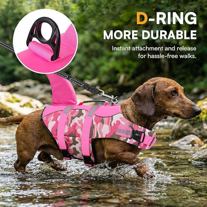 Dog Life Jacket Ripstop Dog Shark Safety Vest Adjustable Preserver with High Buoyancy and Durable Rescue Handle for Small,Medium,Large Dogs, Pink Camouflage Large