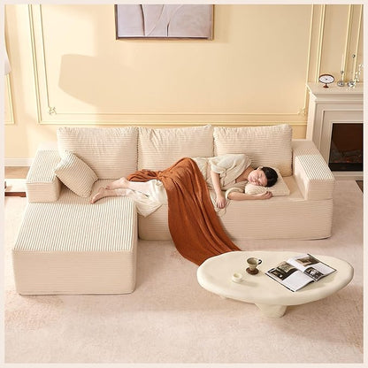 107" Boneless Couch with Deep Seat, Modular Sectional Sofa, Cloud Sectional Couch for Living Room, No Assembly Required, Corduroy, L-Shape Left?White