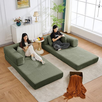 Folding Sofa Bed, Corduroy Loveseat Sleeper with Fixed-Shape Frame, No Assembly Needed Futon Couch, Convertible Floor Sofa Lounge Couch for Living Room, Bedroom, Lounge Studio, Green
