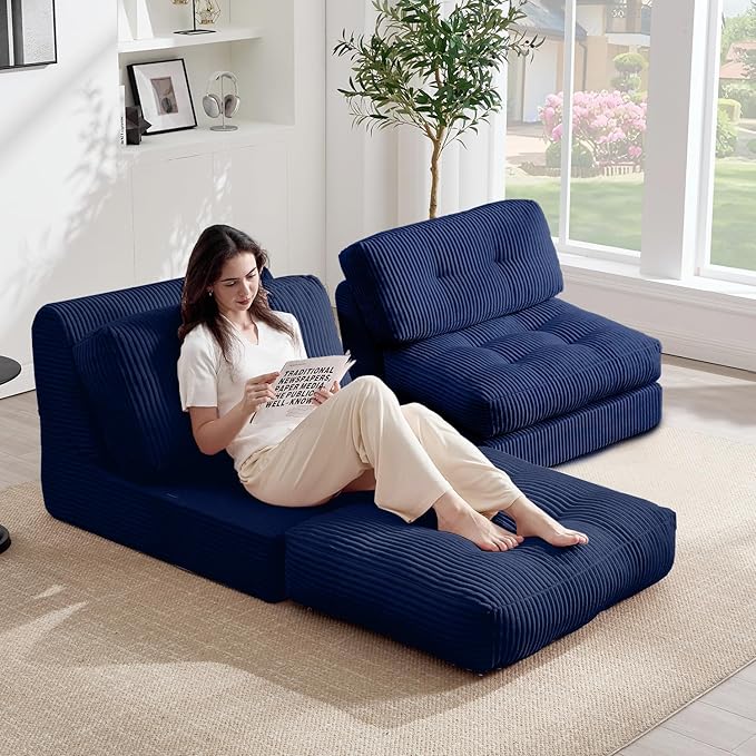Tbfit 35.8'' Folding Sofa Bed, Convertible Sleeper Chair with Large Pillow, Corduroy Folding Couch Bed, Portable & Foldable Mattress Boneless Floor Sofa Set of 2, Blue
