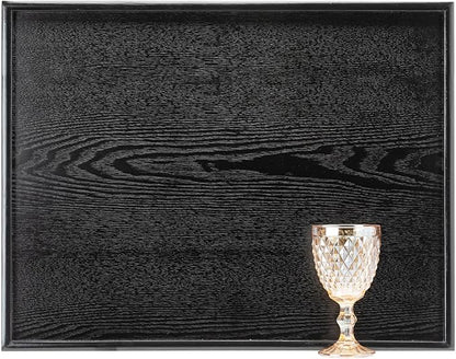 24 x 20 Inches Extra Large Solid Wood Serving Tray for Tea Coffee Table Snack Food Meals Serving Plate Kitchen Party Bar Breakfast Server with Raised Edges Black Wooden Decorative Ottoman Tray