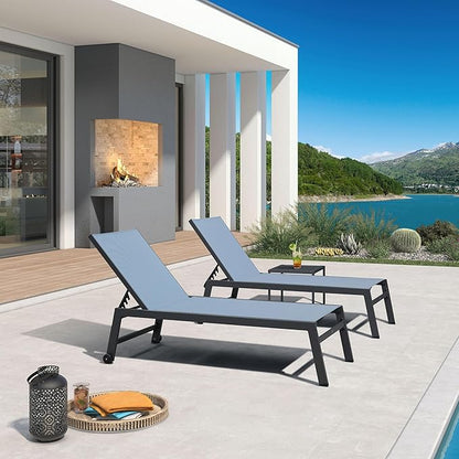 PURPLE LEAF Outdoor Chaise Lounge Set for 2 Oversized Pool Lounge Chairs with Easy-to-Move Wheels and Adjustable Backrest Extra Large Patio Loungers for Poolside Deck Beach Yard Table Included, Teal