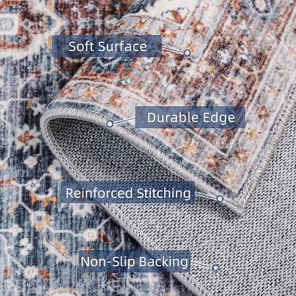 Deerly 2x7ft Bohemian Kitchen Runner Rug - Floral Design, Soft Low Pile, Non-Slip, Border Brown/Navy Blue