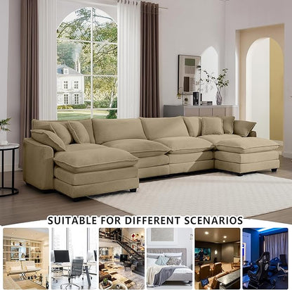 Aoowow Corduroy 4 Seater Couch with Ottomans,Modern Large Cloud Couches for Living Room,U Shaped Modular Sectional Cloud Sofas Deep Seat,U Shape Oversized Tufted Sofa Set (Tan, 4 Seater + 2 Ottoman)