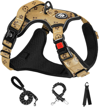 NESTROAD No Pull Dog Harness,Adjustable Oxford Dog Vest Harness with Leash,Reflective No-Choke Pet Harness with Easy Control Soft Handle for Medium Dogs(Medium,Light Brown)