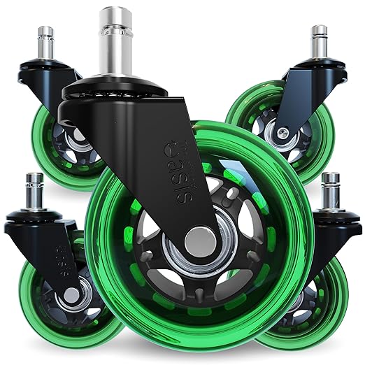 The Office Oasis Original Roller Style Office Chair Wheels (As Seen On PBS) - Smooth & Quiet Casters - Safe for Hardwood Floors & Carpet - Easy Install with Universal Fit - Set of 5 - Green