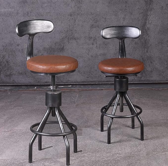 Diwhy Industrial Vintage Bar Stool, Kitchen Counter Height Adjustable Pipe Chair, Cast Iron Stool, Swivel Bar Stool with Backrest, Silver, Fully Welded Set of 2 Brown Upholstered