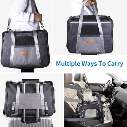 Morpilot Top and Side Expandable Cat Carrier, Collapsible Soft-Sided Pet Carrier for Medium/Large Cats and Puppies up to 20lbs for Car Rides and Vet Visits, with Dual-Sided Cushion& Bowl (Brown)