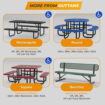 Metal Picnic Tables for Outdoors with Umbrella Hole - Coated Steel Heavy Duty Commercial Grade Furniture with Adjustable Seats (Black, 46 in, Square, Expanded Steel)