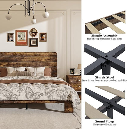 King Size Wooden Bed Frame with Headboard, Rustic Farmhouse Platform Bedframe with Wood Slat Support, Sturdy and No Noise, Easy Assembly (Brown, King)